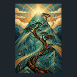 Art Deco Japanese Bonsai Mountain Gold Teal Poster<br><div class="desc">Experience the serene beauty of nature through a lens of 1920s luxury. This stunning illustration features a graceful, winding Bonsai tree silhouette with stylised pine clouds, set against a majestic geometric mountain peak. Bathed in a radiant golden sunburst with flowing teal and orange light trails, this piece perfectly blends Japanese...</div>
