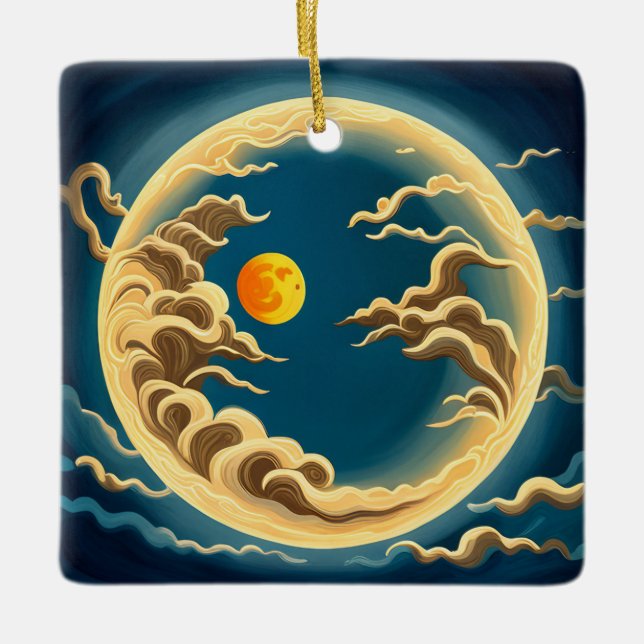 "Art Deco Japanese-Inspired Full moon and clouds Ceramic Ornament (Front)