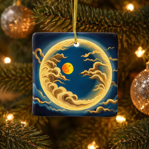 "Art Deco Japanese-Inspired Full moon and clouds Ceramic Ornament