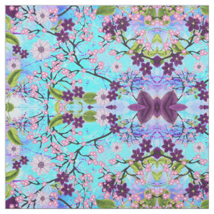 Art Deco Japanese Tree in Fantasy Aqua Background Fabric