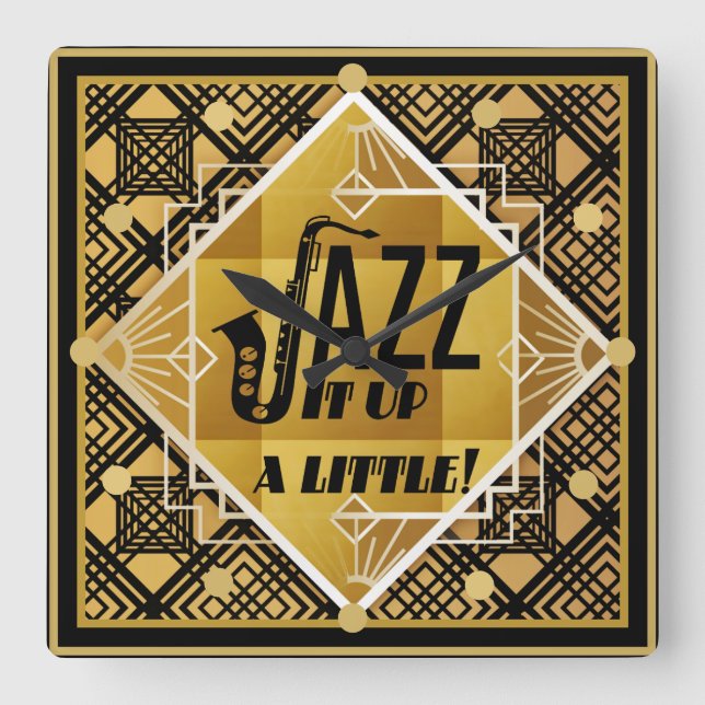 Art Deco JAZZ Saxophone Black Gold 1920s Music Square Wall Clock (Front)
