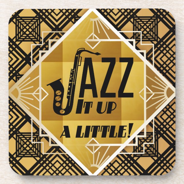 Art deco jazz saxophone black gold music coaster (Front)