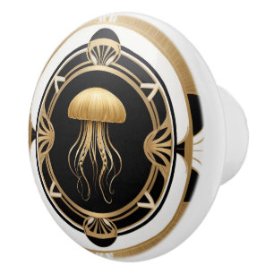 Art Deco Jellyfish Black White Gold Jelly Fish Ceramic Knob