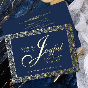 Art Deco Joyful Navy Corporate Business Foil Holiday Card