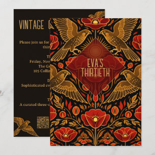 Art Deco Kestrels & Poppies   Custom 30th Birthday Invitation