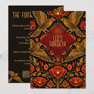 Art Deco Kestrels & Poppies Custom 40th Birthday Invitation