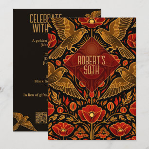 Art Deco Kestrels & Poppies   Custom 50th Birthday Invitation