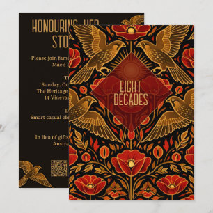 Art Deco Kestrels & Poppies   Custom 80th Birthday Invitation