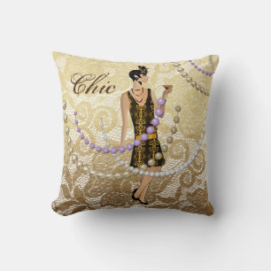 Art Deco Lady Gold Floral Lace Cushion