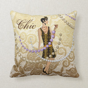 Art Deco Lady Gold Floral Lace Cushion