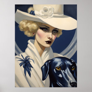Art Deco Lady in White with Black Dog, Gatsby Era  Poster