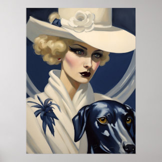 Art Deco Lady in White with Black Dog, Gatsby Era  Poster