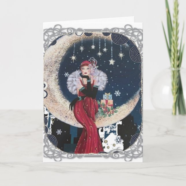 Art Deco Lady On The Moon Christmas Card (Front)