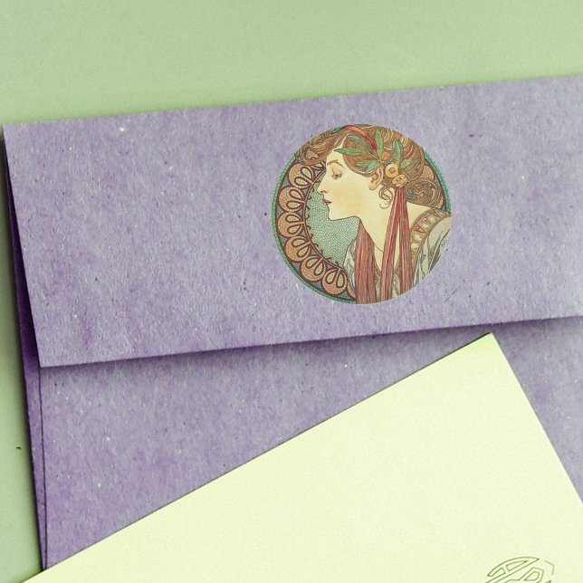 Art Deco Lady Stickers (Art Deco style lady leaves in hair on green burgundy mosaic sticker.)