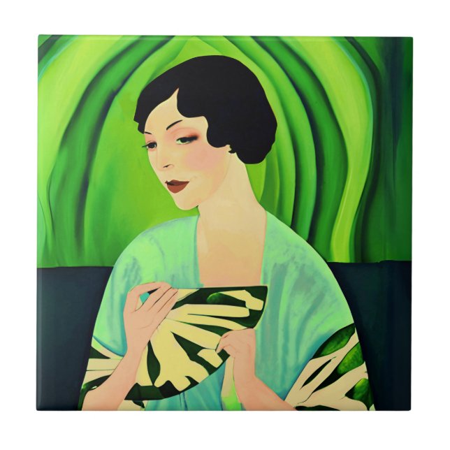 Art Deco Lady with a Fan in Jade Green Ceramic Tile (Front)