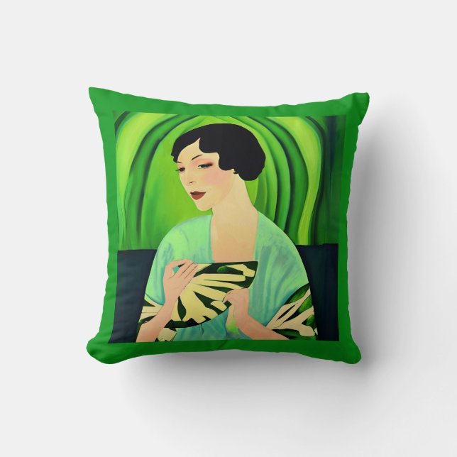 Art Deco Lady with a Fan in Jade Green Cushion (Front)