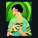 Art Deco Lady with a Fan in Jade Green Poster<br><div class="desc">Print in an Art Deco portrait of a lady in a kimono,  holding a fan,  against a jade green abstract background</div>