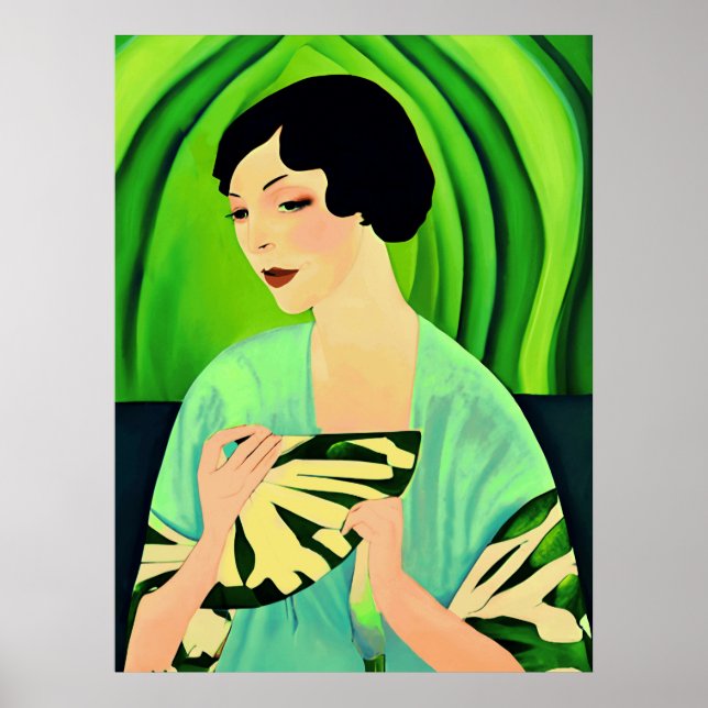 Art Deco Lady with a Fan in Jade Green Poster (Front)