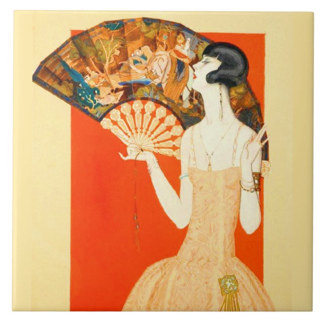 art deco lady with fan ceramic tile (Front)