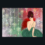 Art Deco Lady with Jewels - BIANCA: Christmas Past Poster<br><div class="desc">Our beautiful Bianca is dressed in a full skirt and her top has straps consisting of strands of jewels. She holds a fan of feathers and is seated against a backdrop of subtle grunge, dots and stars; overlaid with beautiful hanging jewels. Bianca's hair is a mass of curls in a...</div>