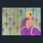 Art Deco Lady with Jewels - BIANCA: Spring Lilac Poster<br><div class="desc">Our beautiful Bianca is dressed in a full skirt and her top has straps consisting of strands of jewels. She holds a fan of feathers and is seated against a backdrop of subtle grunge, dots and stars; overlaid with beautiful hanging jewels. Bianca's hair is a mass of curls in a...</div>