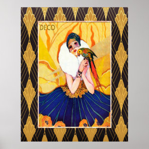 Art Deco Lady with Parrot Poster