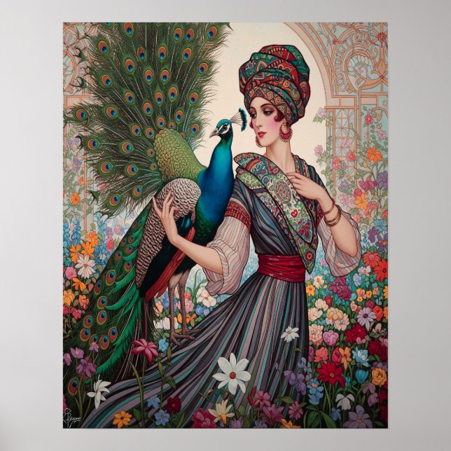 Art Deco Lady With Peacock Poster (Front)