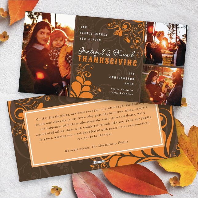 Art Deco Leaves Swirls Happy Thanksgiving 3 Photo Holiday Card (Orange Art Deco Leaves Swirls Happy Thanksgiving 3 Photo Holiday Card @ fat_fa_tin)