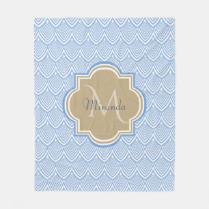 Art Deco Light Blue Fish Scales Tan Monogram Name Fleece Blanket