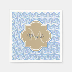 Art Deco Light Blue Fish Scales Tan Monogram Name Napkin