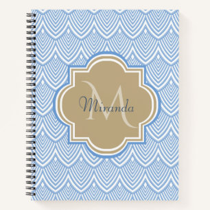 Art Deco Light Blue Fish Scales Tan Monogram Name Notebook