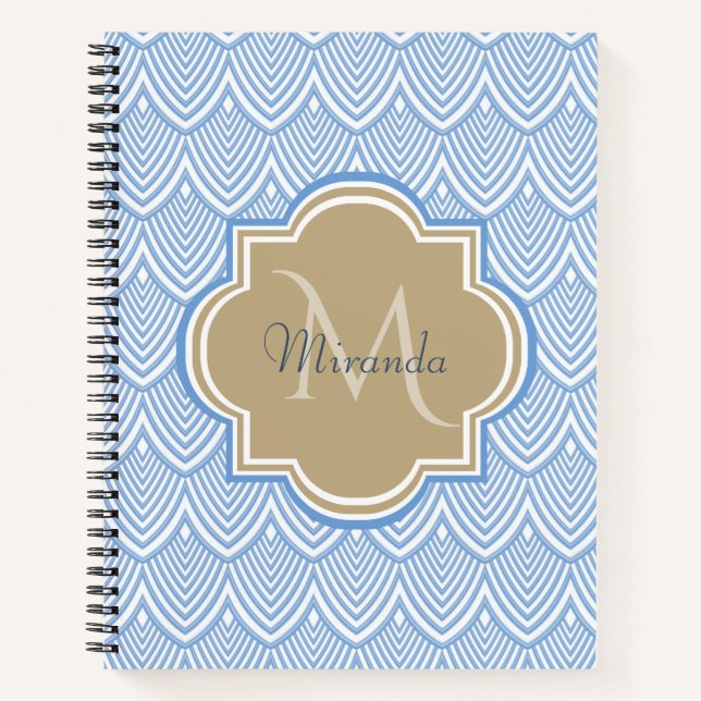 Art Deco Light Blue Fish Scales Tan Monogram Name Notebook (Front)