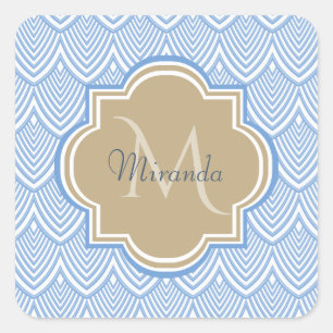 Art Deco Light Blue Fish Scales Tan Monogram Name Square Sticker