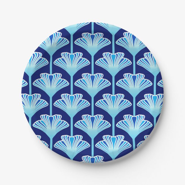 Art Deco Lily, Cobalt Blue, Aqua and White Paper Plate (Front)