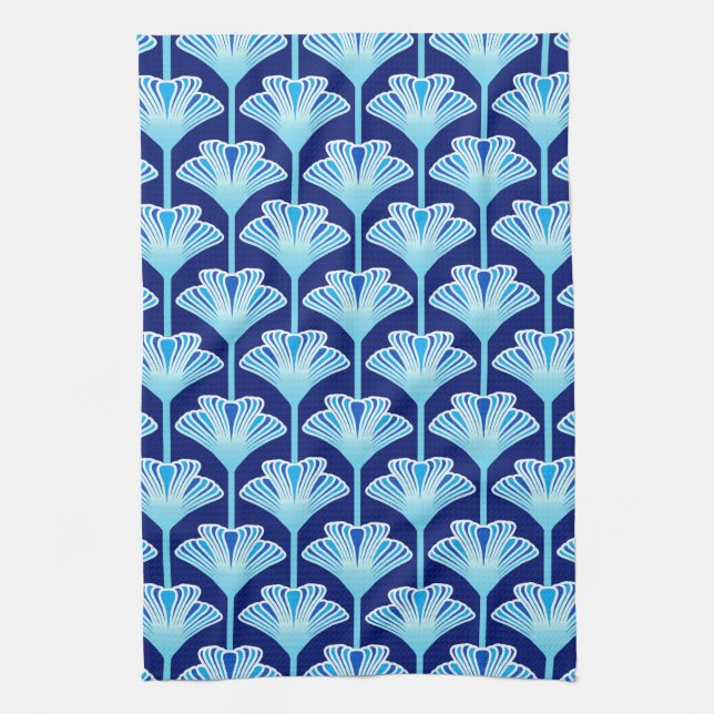 Art Deco Lily, Cobalt Blue, Aqua and White Tea Towel (Vertical)