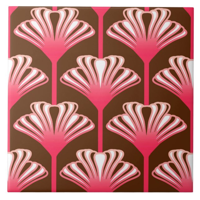Art Deco Lily, Dark Brown and Coral Pink Tile (Front)