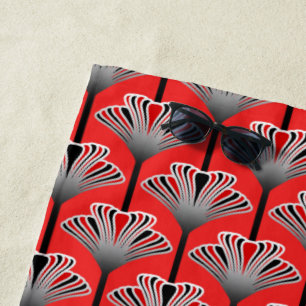 Art Deco Lily, Deep Red and Grey / Grey Beach Towel