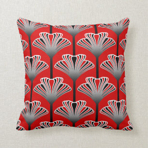 Art Deco Lily, Deep Red and Grey / Grey Cushion
