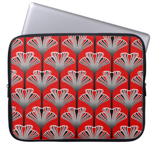 Art Deco Lily, Deep Red and Grey / Grey Laptop Sleeve