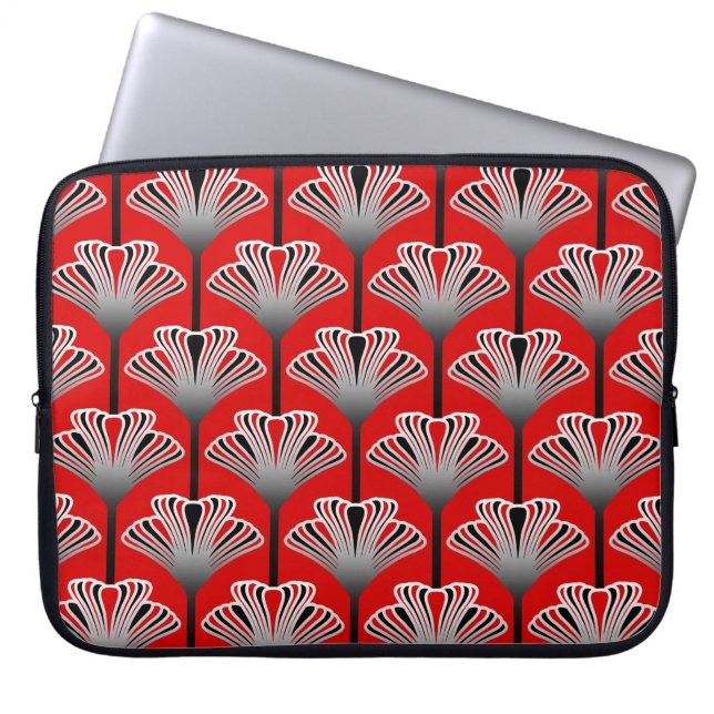 Art Deco Lily, Deep Red and Grey / Grey Laptop Sleeve (Front)