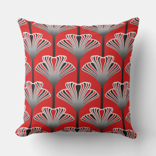 Art Deco Lily, Deep Red and Grey / Grey Outdoor Cushion