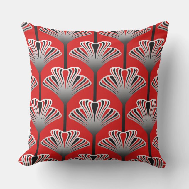 Art Deco Lily, Deep Red and Grey / Grey Outdoor Cushion (Front)