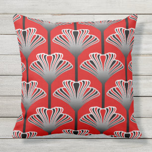 Art Deco Lily, Deep Red and Grey / Grey Outdoor Cushion