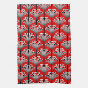 Art Deco Lily, Deep Red and Grey / Grey Tea Towel