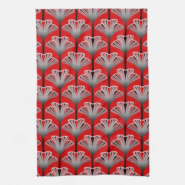 Art Deco Lily, Deep Red and Grey / Grey Tea Towel (Vertical)