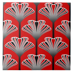 Art Deco Lily, Deep Red and Grey / Grey Tile