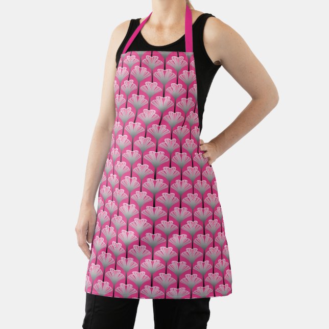 Art Deco Lily, Fuchsia Pink and Silver Grey Apron (Insitu)