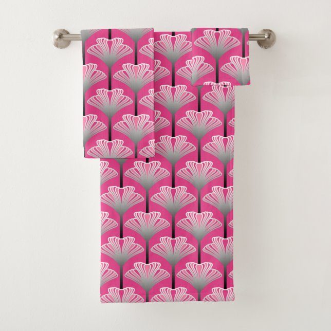 Art Deco Lily, Fuchsia Pink and Silver Grey Bath Towel Set (Insitu)