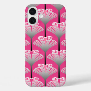 Art Deco Lily, Fuchsia Pink and Silver Grey iPhone 16 Plus Case