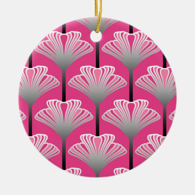 Art Deco Lily, Fuchsia Pink and Silver Grey Ceramic Ornament (Front)